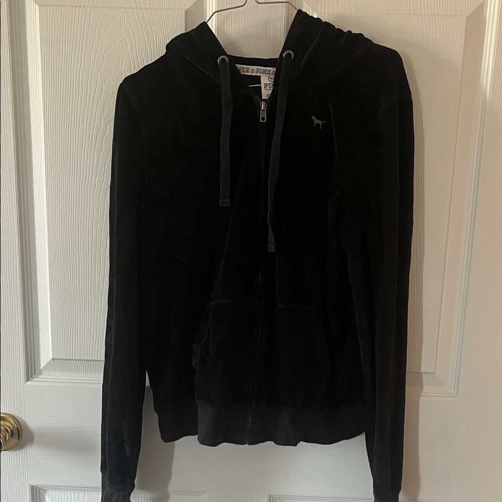Pink Victoria’s Secret Black Velour Zip Hoodie with sequins Sz lg